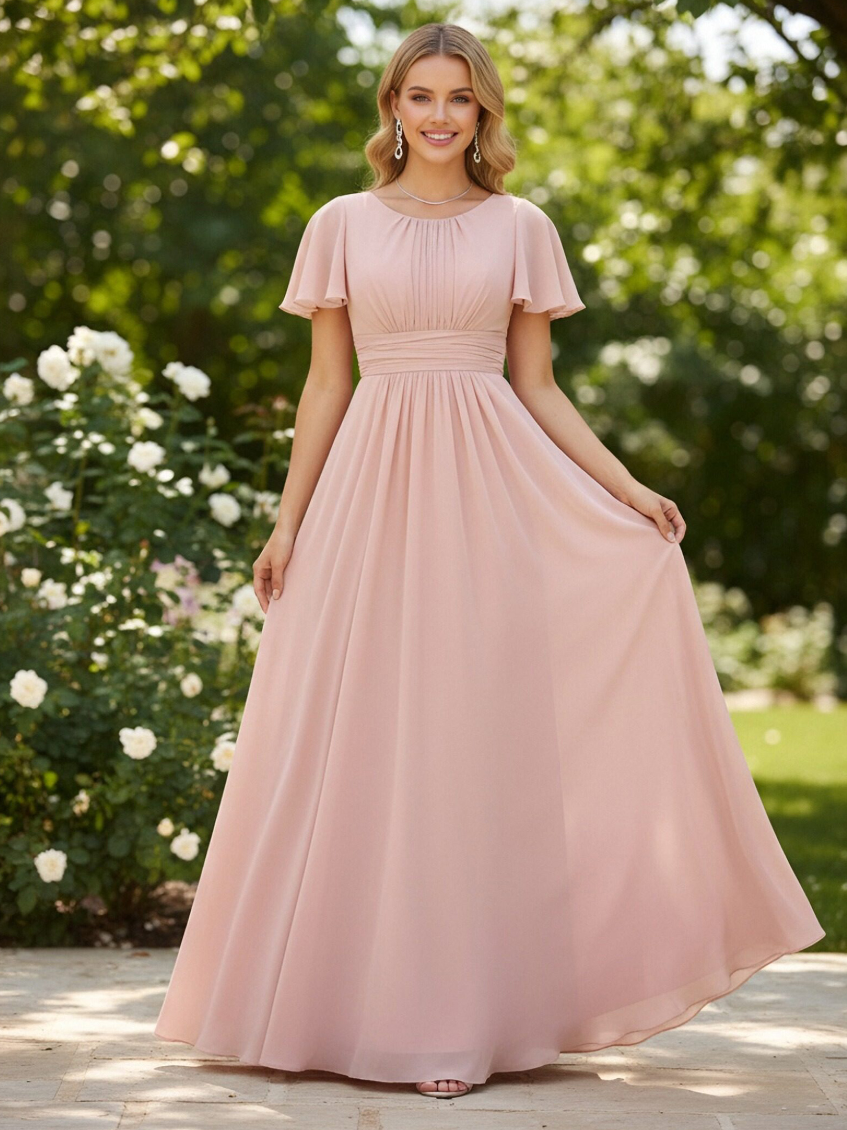 Chiffon Round Neck Pleated Short Sleeves Bridesmaid Dresses