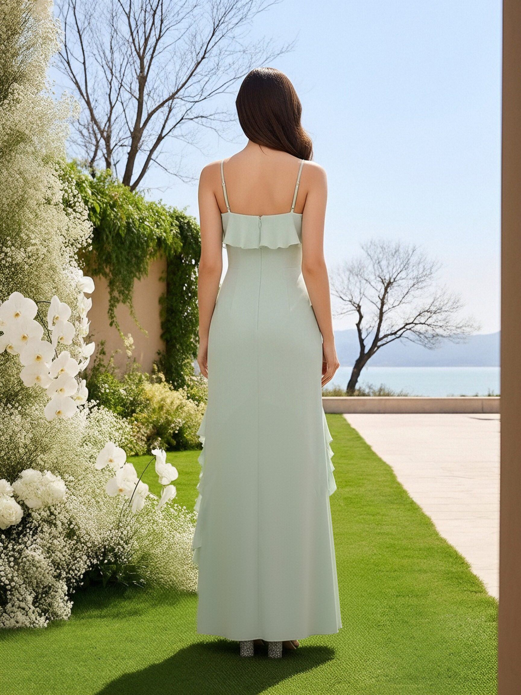 Chiffon Square Neck Ruffles Bridesmaid Dresses with Slit