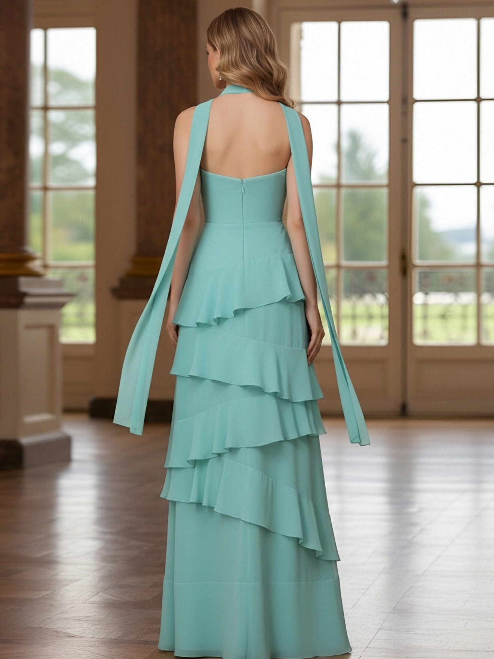 Chiffon Strapless Ruffles Pleated Bridesmaid Dresses with Scarf