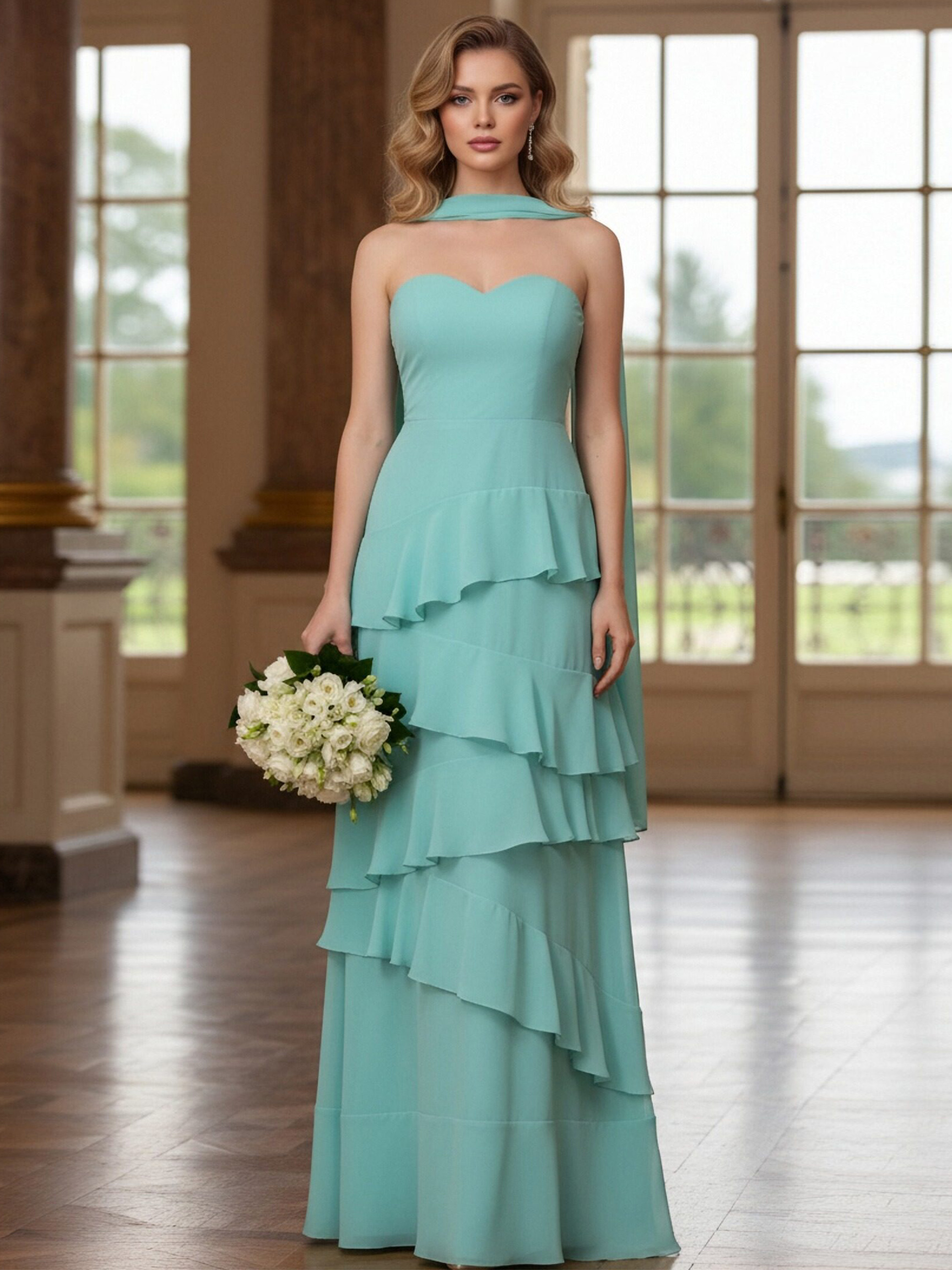 Chiffon Strapless Ruffles Pleated Bridesmaid Dresses with Scarf
