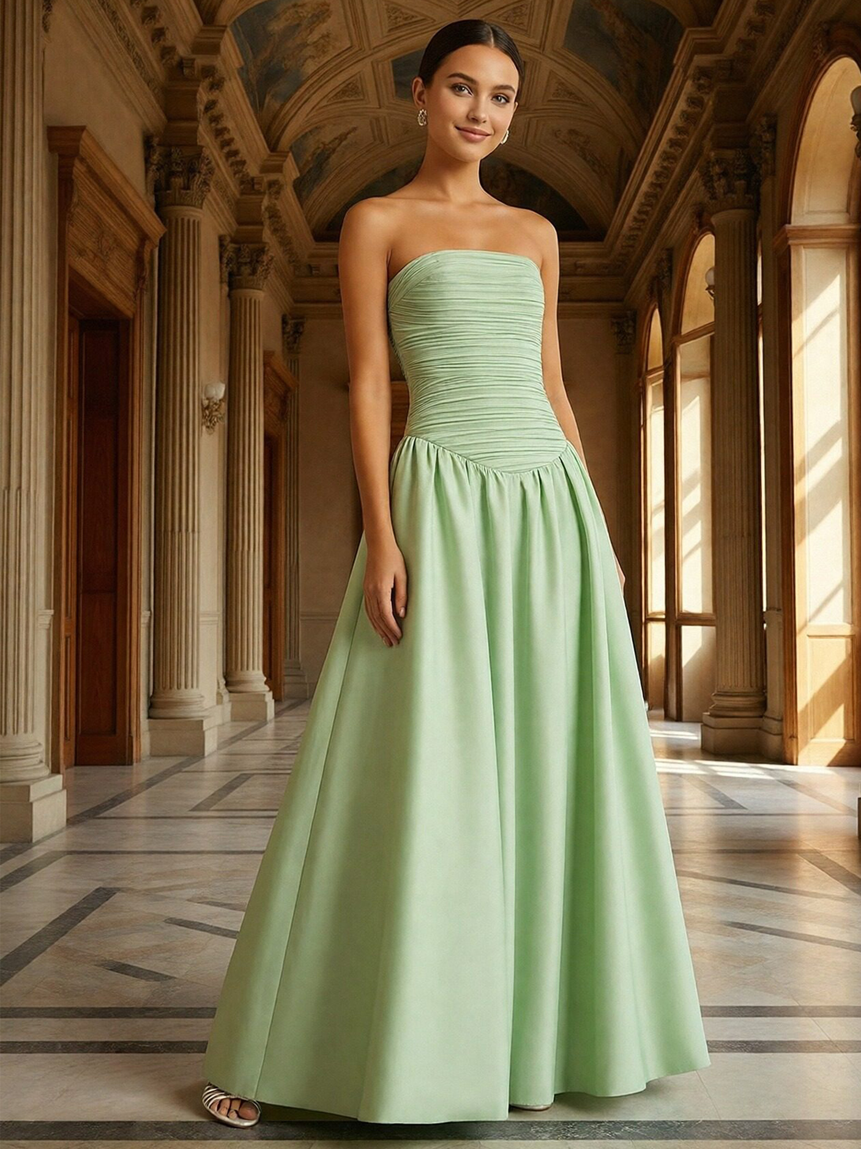 Satin Strapless Sleeveless Pleated A Line Bridesmaid Dresses