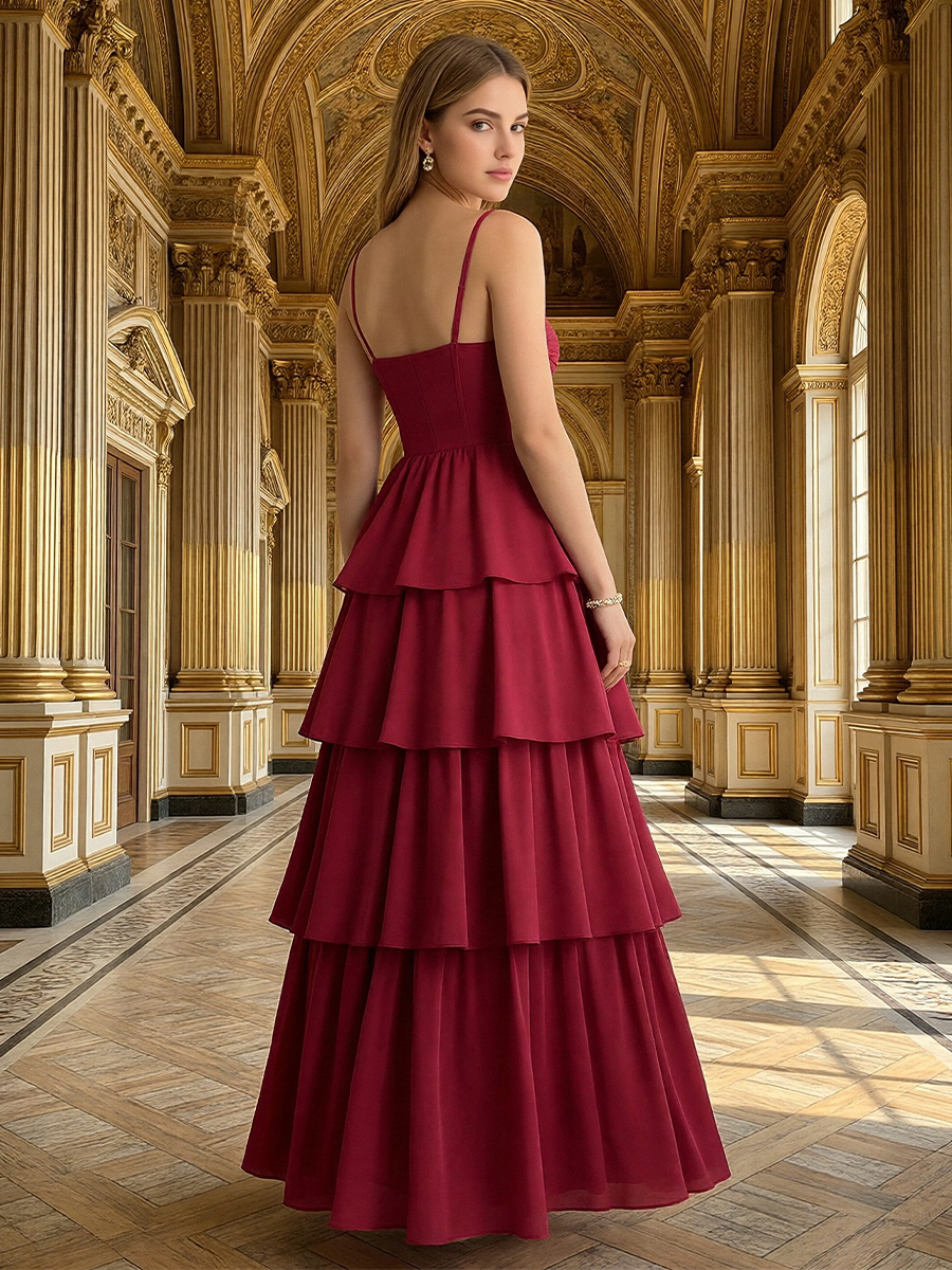 Spaghetti Straps Chiffon Tiered Bridesmaid Dresses