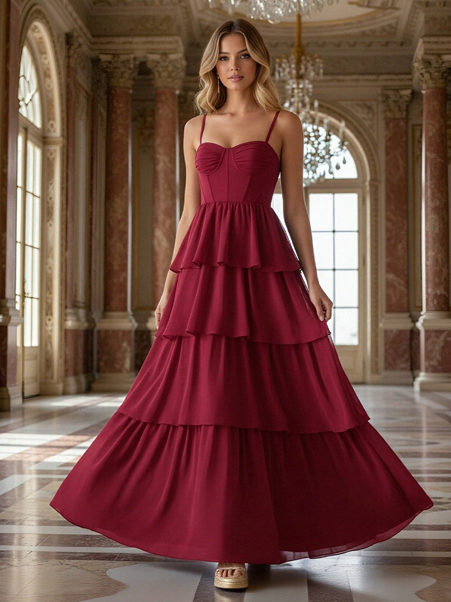 Spaghetti Straps Chiffon Tiered Bridesmaid Dresses