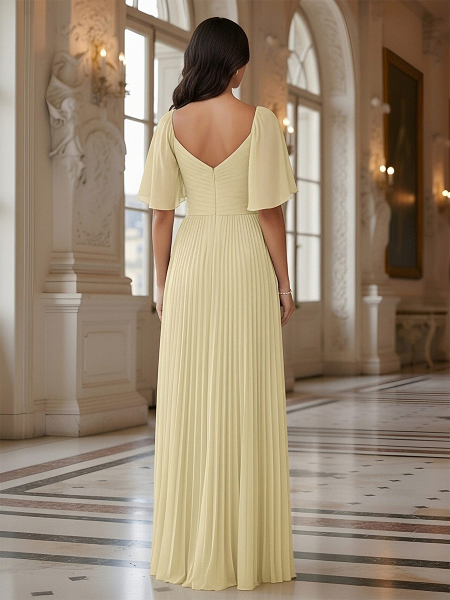 V Neck Chiffon Pleated Bridesmaid Dresses with Slit