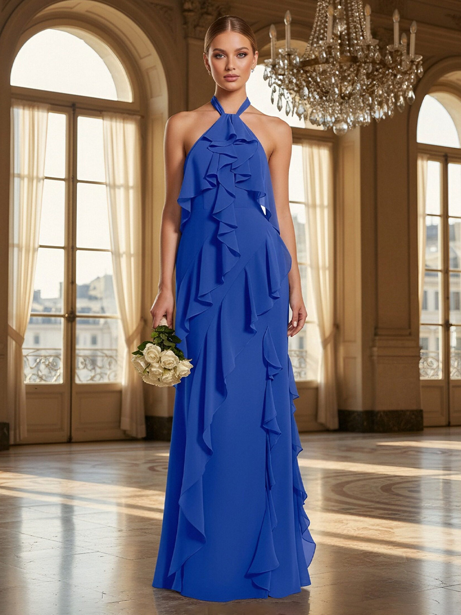 Halter Chiffon Bridesmaid Dresses with Ruffles