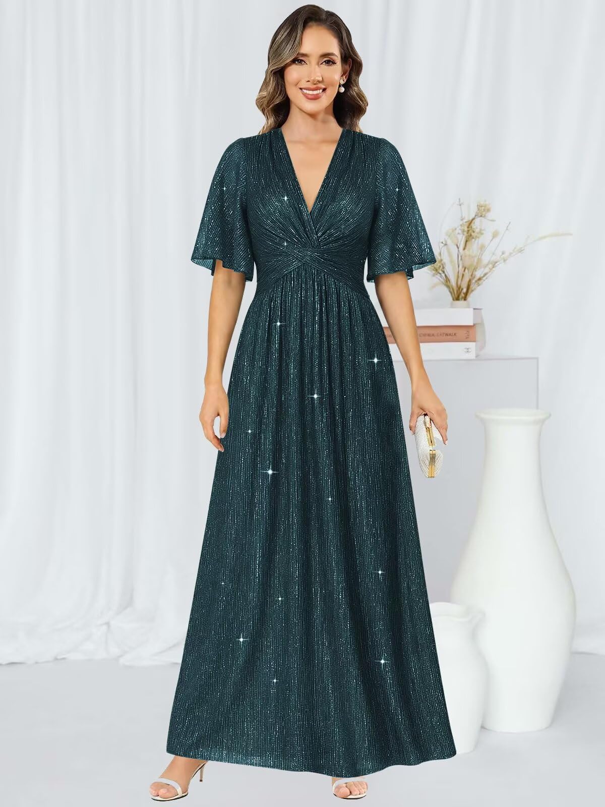 Glitter V Neck Pleated Mother of the Bride Dresses with Sleeves