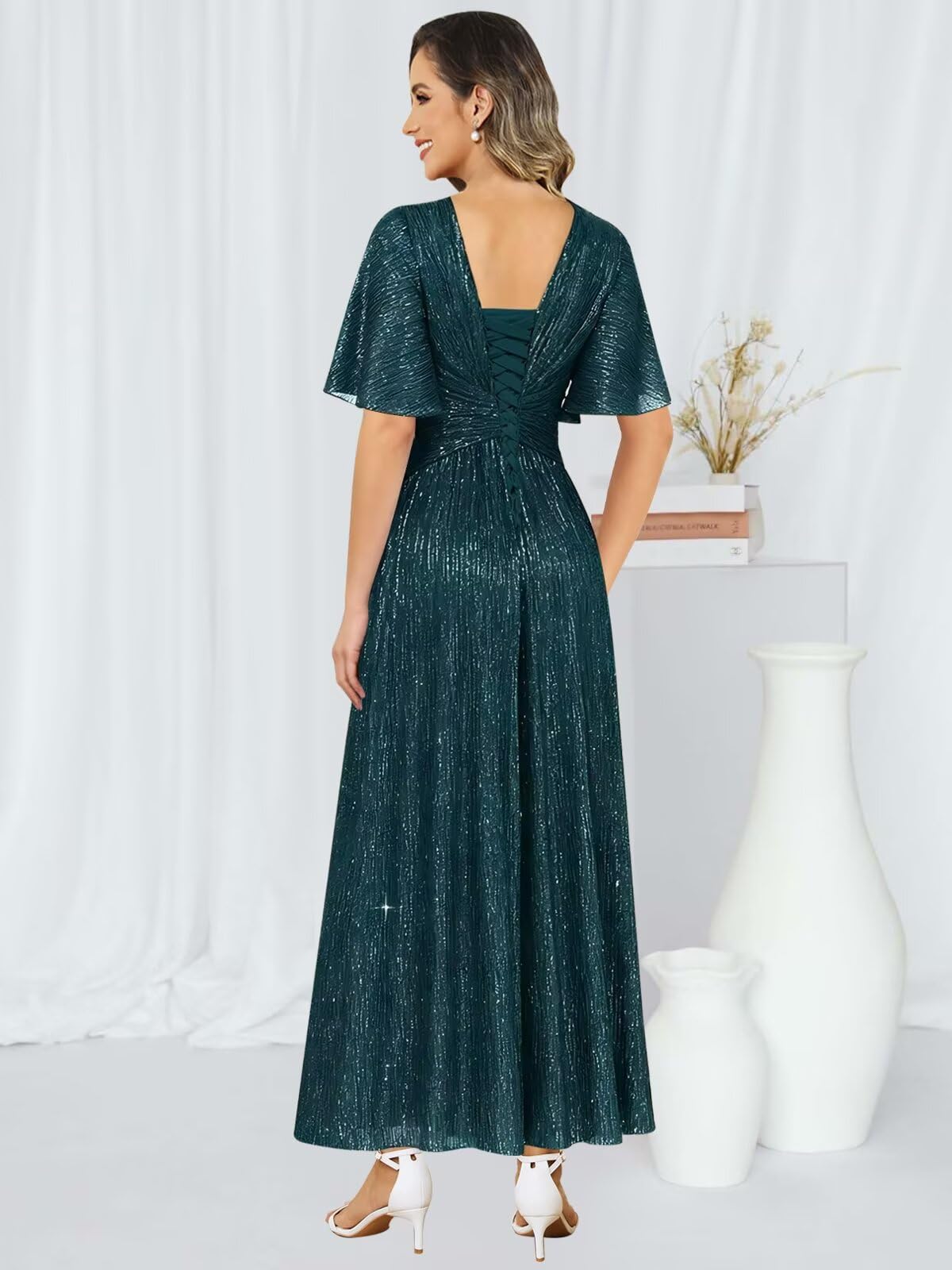 Glitter V Neck Pleated Mother of the Bride Dresses with Sleeves