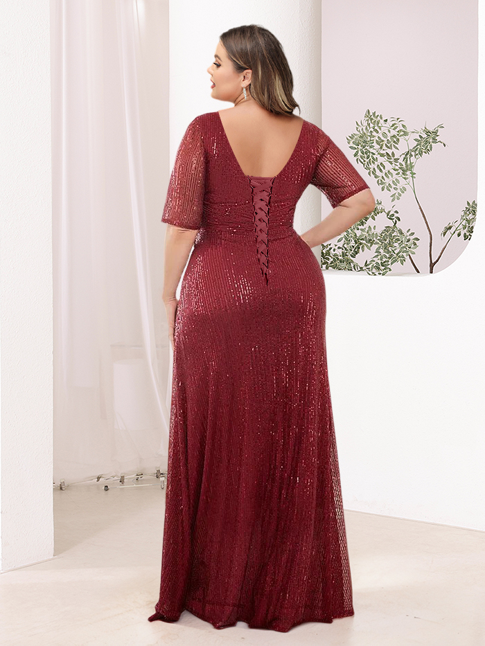 V Neck Pleated Short Sleeves Mother of the Bride Dresses