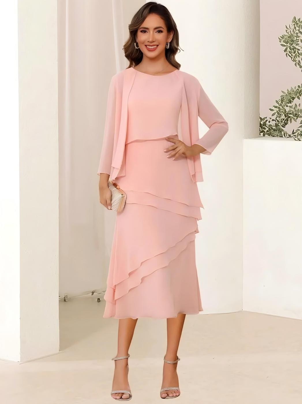 Chiffon 2 Pieces Round Neck A Line Mother of the Bride Dresses