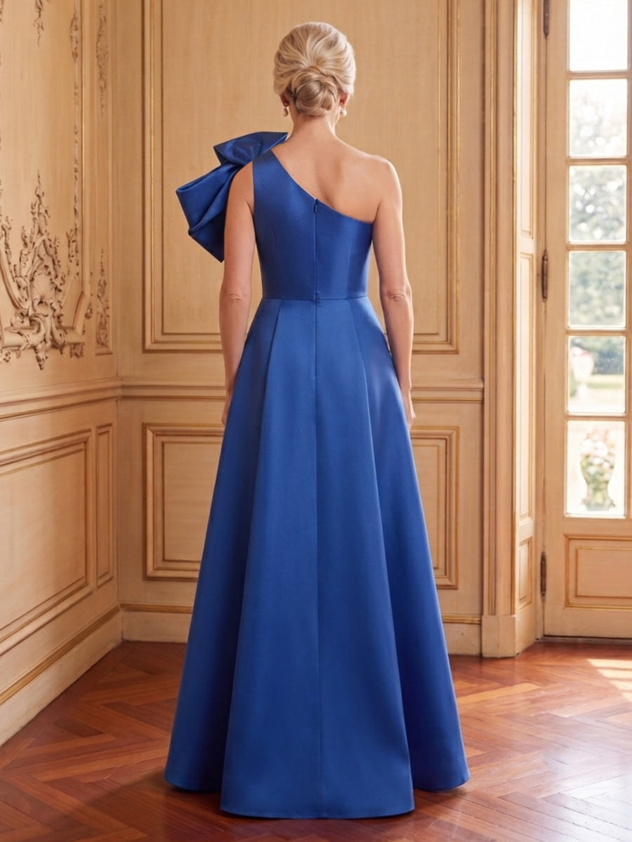 Satin A Line One Shoulder Sleeveless Long Mother of the Bride Dresses with Bow