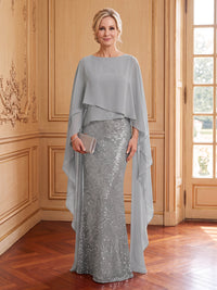 Sequins Mermaid Boat Neck Sleeveless Long Mother of the Bride Dresses with Cape