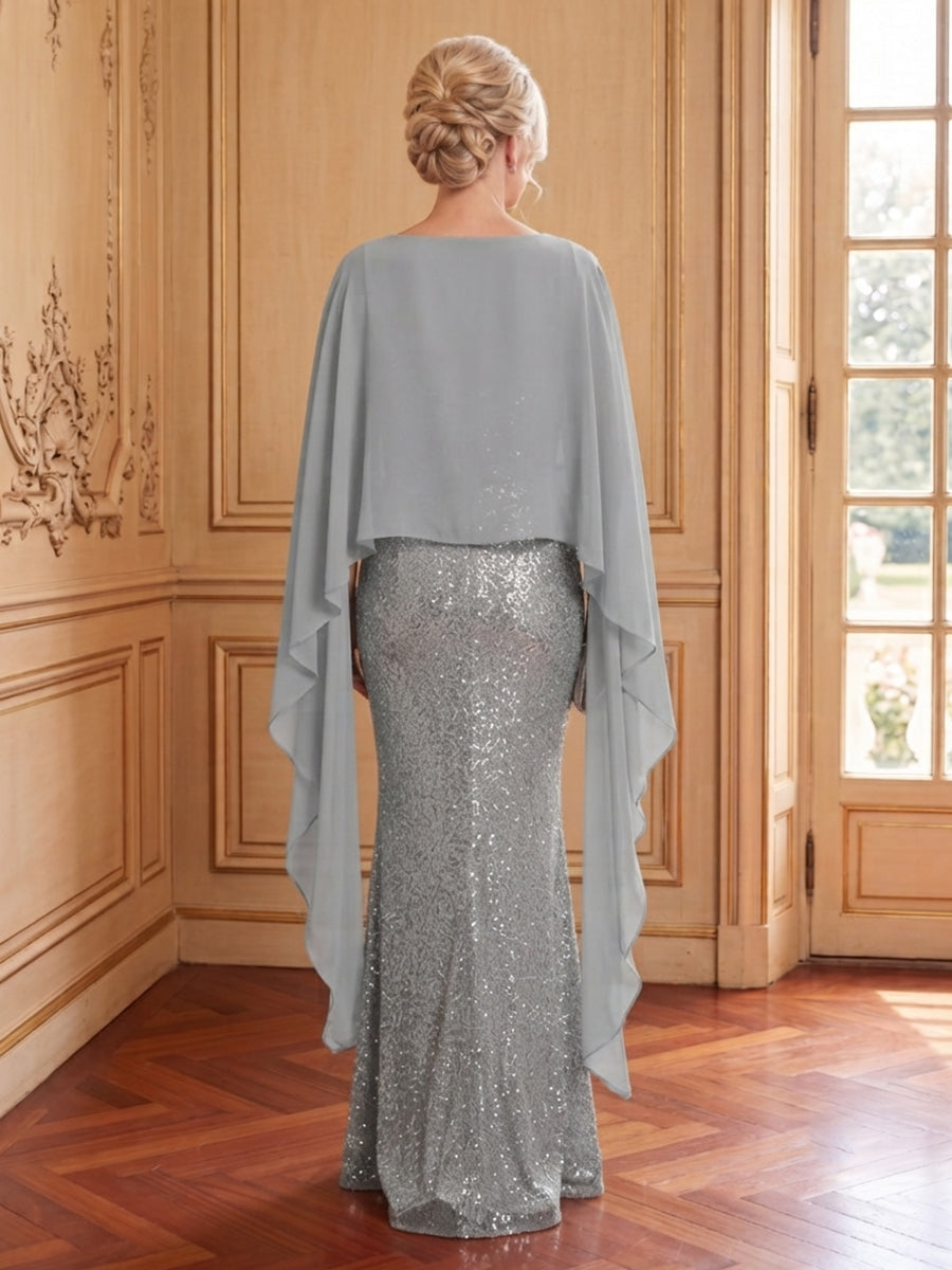 Sequins Mermaid Boat Neck Sleeveless Long Mother of the Bride Dresses with Cape