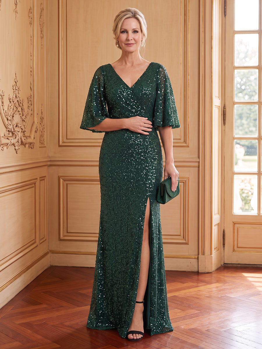 Sequins Mermaid V Neck Half Sleeves Long Mother of the Bride Dresses with Slit