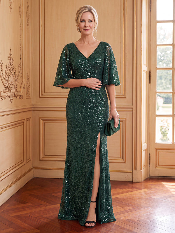 Sequins Mermaid V Neck Half Sleeves Long Mother of the Bride Dresses with Slit