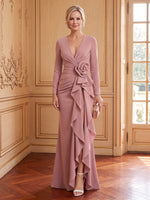 Satin Mermaid Deep V Neck Long Sleeves Mother of the Bride Dresses with Slit