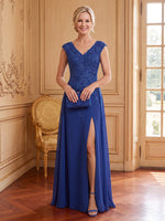 Chiffon A Line V Neck Sleeveless Long Mother of the Bride Dresses with Slit