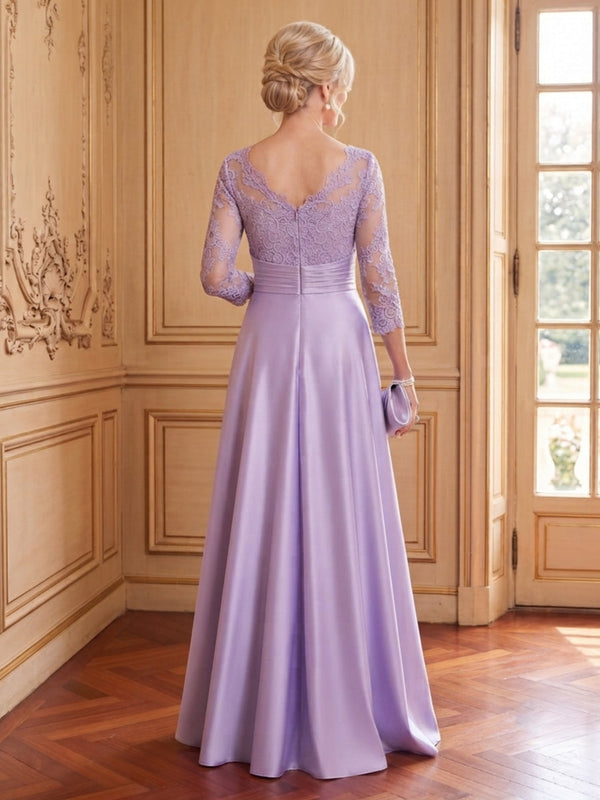 Satin A Line Boat Neck 3/4 Sleeves Long Mother of the Bride Dresses