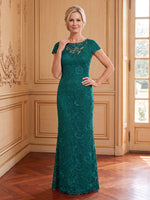 Lace Mermaid Scoop Neck Cap Sleeves Long Mother of the Bride Dresses