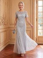 Tulle Mermaid Crew Neck Short Sleeves Long Mother of the Bride Dresses