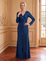 Sequins Mermaid V Neck Long Sleeves Long Mother of the Bride Dresses