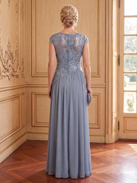 Chiffon A Line Scoop Neck Cap Sleeves Long Mother of the Bride Dresses with Slit
