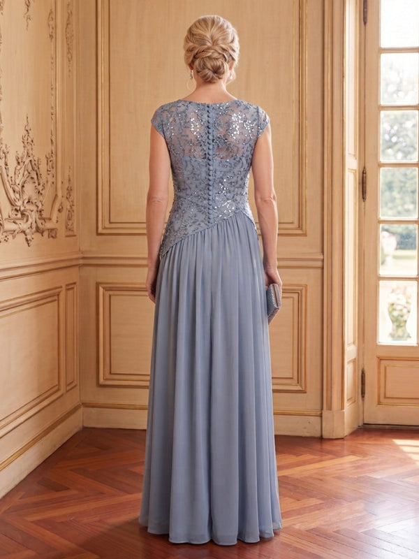 Chiffon A Line Scoop Neck Cap Sleeves Long Mother of the Bride Dresses with Slit