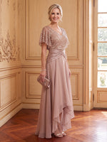 Chiffon A Line V Neck Short Sleeves High Low Mother of the Bride Dresses