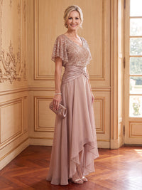 Chiffon A Line V Neck Short Sleeves High Low Mother of the Bride Dresses