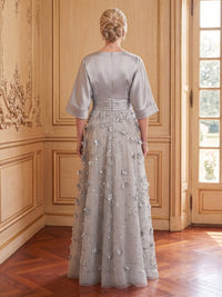 Satin A Line V Neck 3/4 Sleeves Long Mother of the Bride Dresses