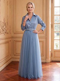 Tulle A Line Shirt Collar Long Sleeves Mother of the Bride Dresses with Belt