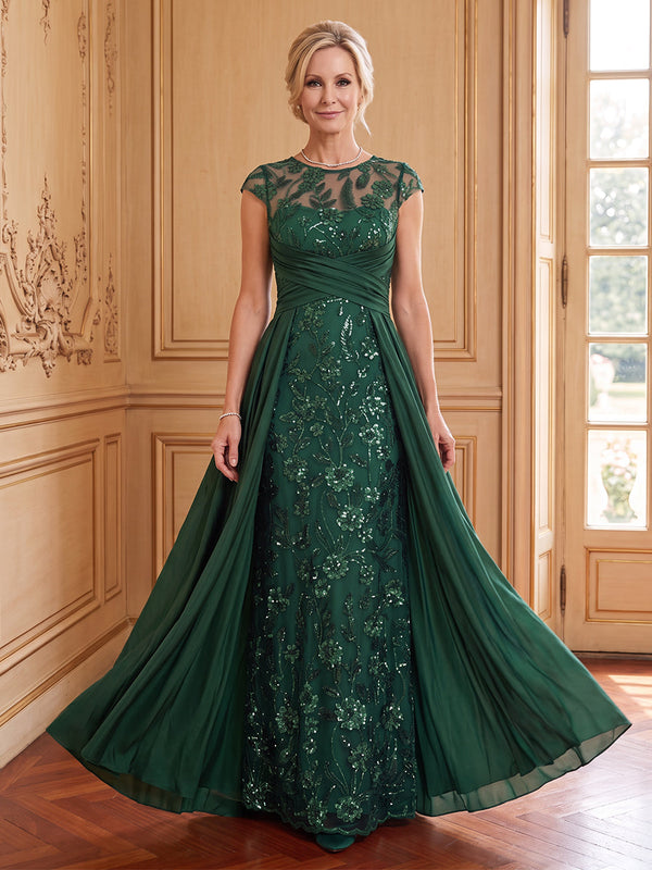 Chiffon Mermaid Scoop Neck Cap Sleeves Long Mother of the Bride Dresses