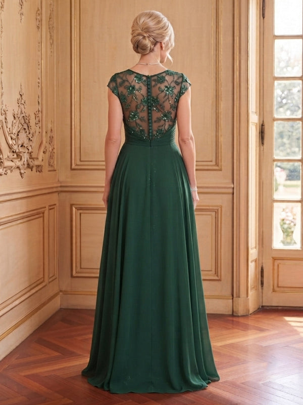 Chiffon Mermaid Scoop Neck Cap Sleeves Long Mother of the Bride Dresses
