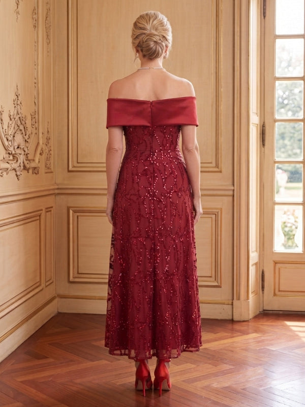 Sequins A Line Off the Shoulder Sleeveless Long Mother of the Bride Dresses
