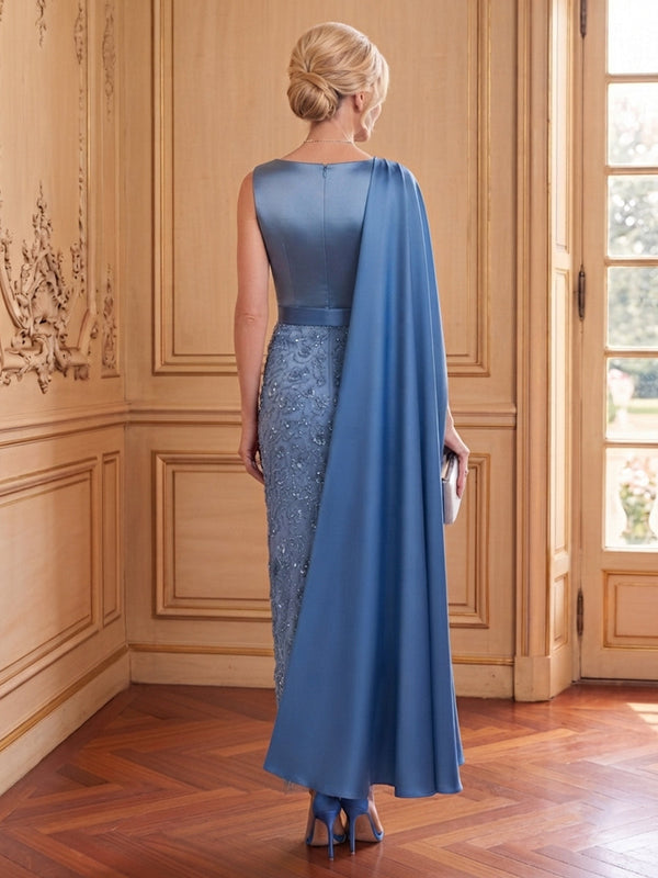 Satin Mermaid Boat Neck Cap Sleeves Long Mother of the Bride Dresses