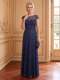 Sequins A Line Cap Sleeves Scoop Neck Long Mother of the Bride Dresses