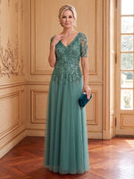 Tulle A Line V Neck Short Sleeves Long Mother of the Bride Dresses