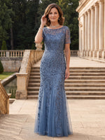 Tulle Mermaid Short Sleeves Long Mother of the Bride Dresses