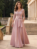 Satin V Neck A Line 3/4 Sleeves Long Mother of the Bride Dresses