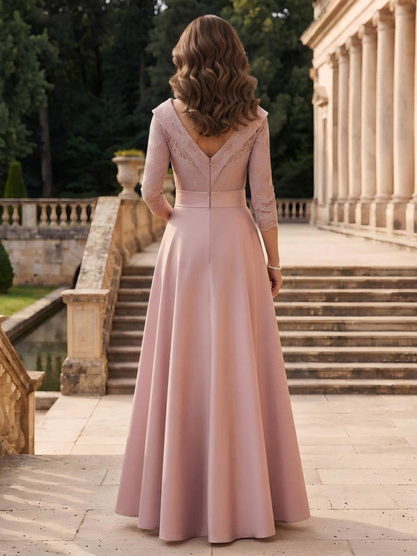 Satin V Neck A Line 3/4 Sleeves Long Mother of the Bride Dresses