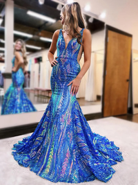 Sequins V Neck Mermaid Sleeveless Long Prom Dresses with Floral