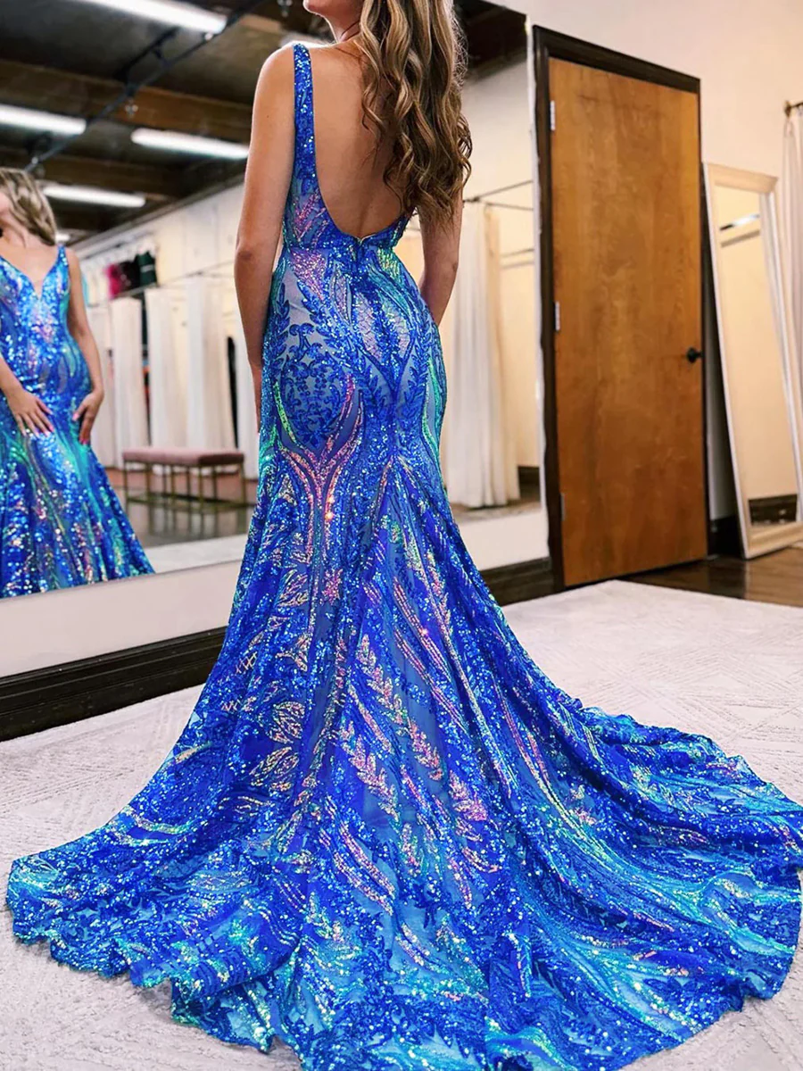 Sequins V Neck Mermaid Sleeveless Long Prom Dresses with Floral