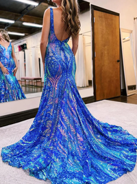 Sequins V Neck Mermaid Sleeveless Long Prom Dresses with Floral