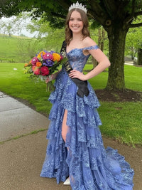 Mermaid Off the Shoulder Sleeveless Long Prom Dresses with High Split Lace Appliques