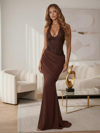 Mermaid Halter Neck Ruched Elegant Sweep Train Prom Dresses with Sequins