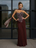 Mermaid Strapless Sleeveless Ruched Sparkling Prom Dresses with Sequins Scarf
