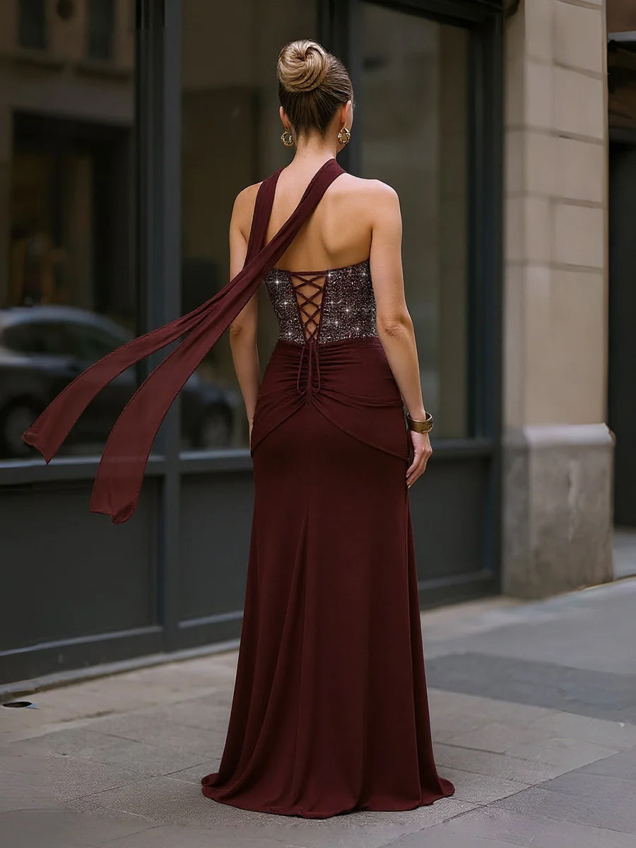 Mermaid Strapless Sleeveless Ruched Sparkling Prom Dresses with Sequins Scarf