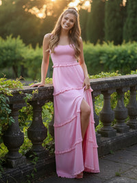A Line Square Neck Floor Length Simple Prom Dresses with Tiered Ruffles Slit Side