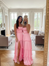 A Line Square Neck Floor Length Simple Prom Dresses with Tiered Ruffles Slit Side