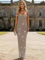 Sheath Square Neck Beaded Floor Length Prom Dresses with Opened Back