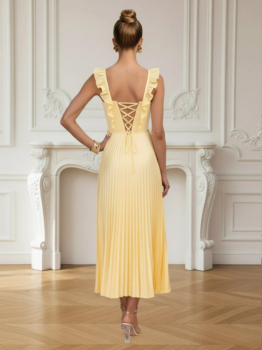 Sweetheart A Line Sleeveless Pleated Ankle Length Elegant Prom Dresses with Ruffles